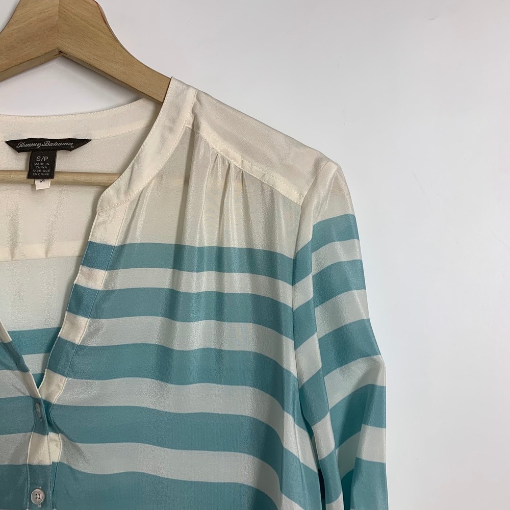 Tommy Bahama 100% Silk Striped V Neck Roll Tab Sleeve Tunic Top Women Size S - Picture 6 of 15